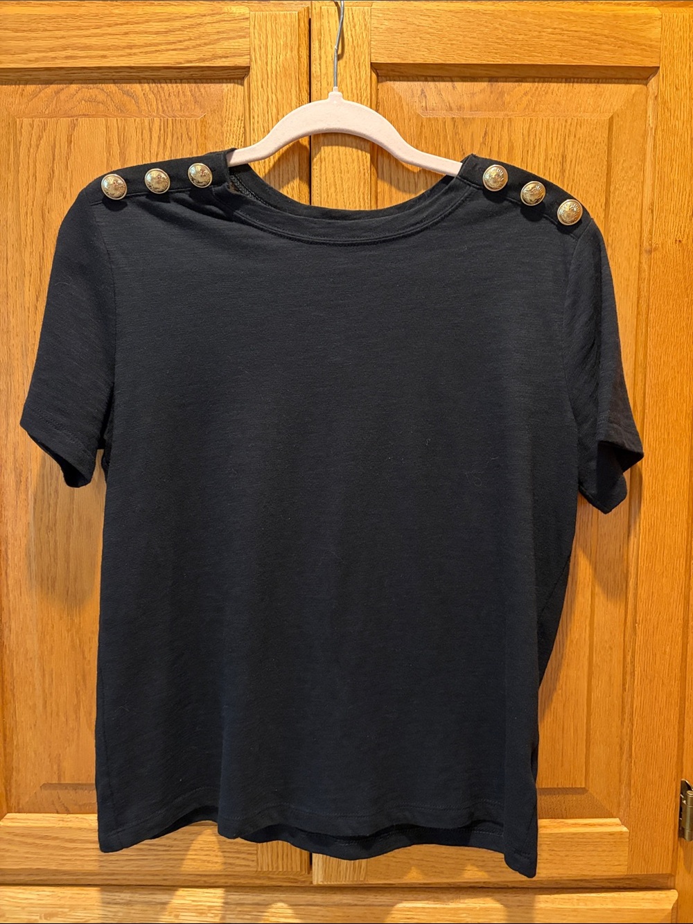 Express Black Short-Sleeve Tee with Gold Shoulder Buttons